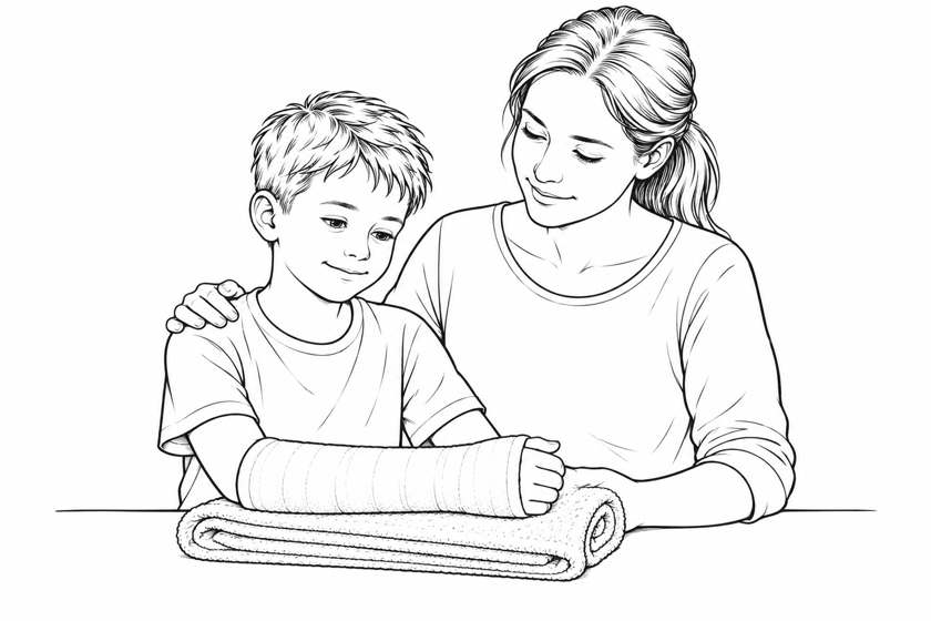 A child with a forearm cast resting on a dry towel, supported by a parent.