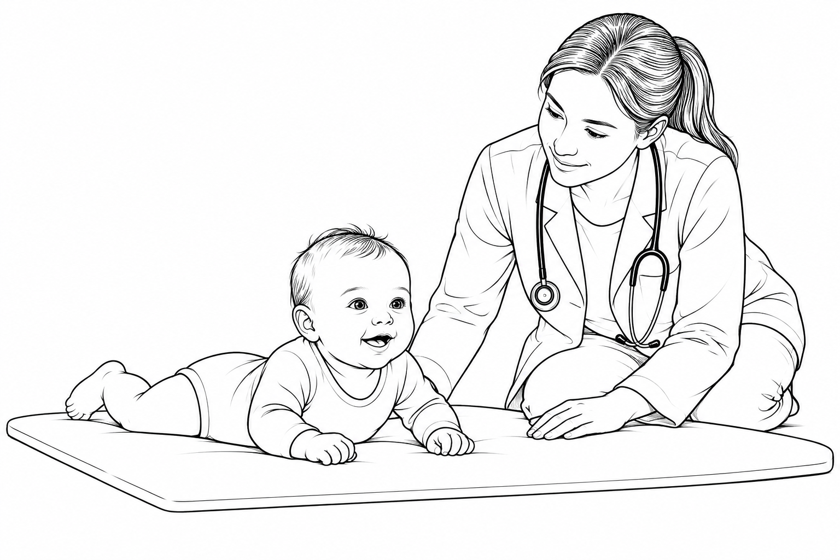 An awake infant on their tummy on a mat, closely supervised by the doctor.