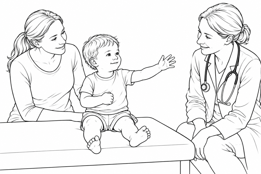 A toddler keeping an unused arm close to the body, observed by the mother and doctor.