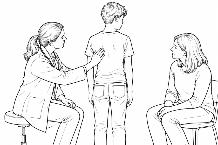 A doctor observing a clothed teenager's back during an appointment with a parent.