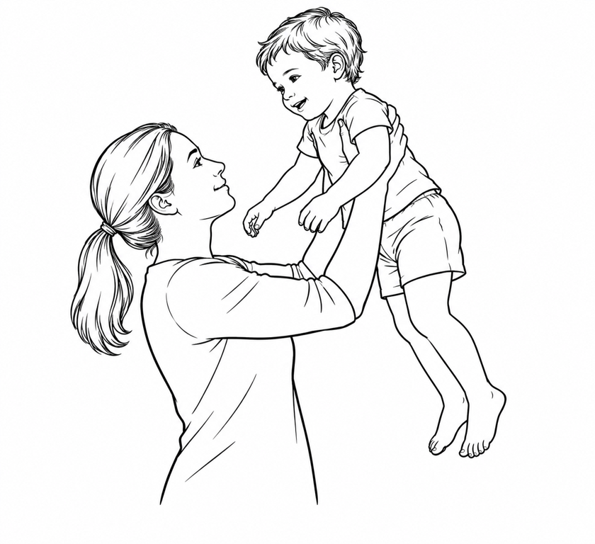 A mother lifting her child with support under the armpits and around the trunk, without pulling the hands or wrists.
