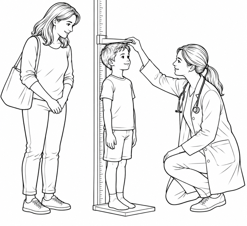 A child having their height measured at an appointment with the doctor and mother.
