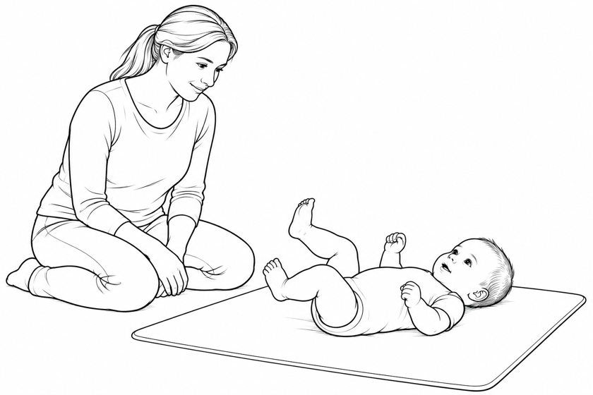 An awake infant lying on the back on a floor mat while the mother observes spontaneous leg movements.