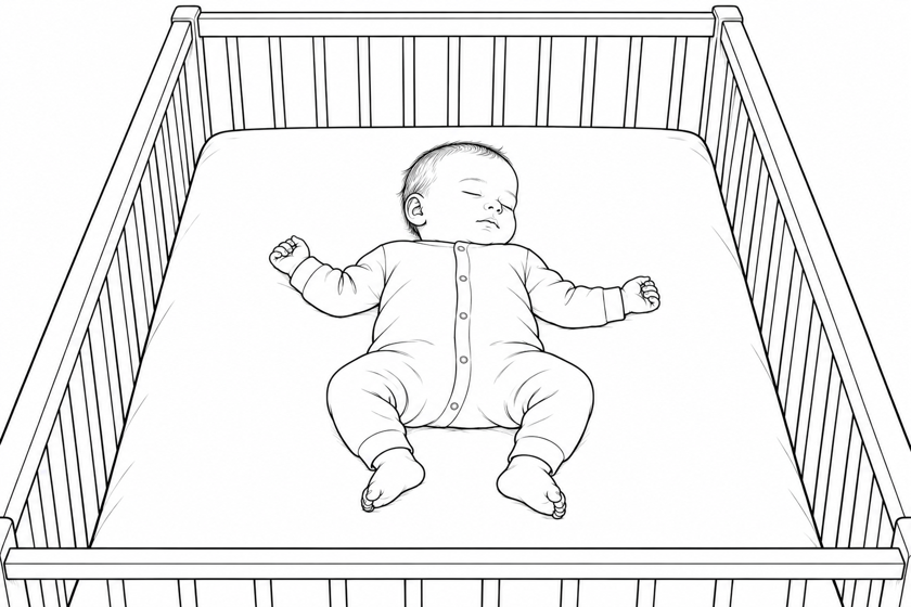 An infant sleeping on their back in a cot with a flat mattress and fitted sheet, without pillows or objects.
