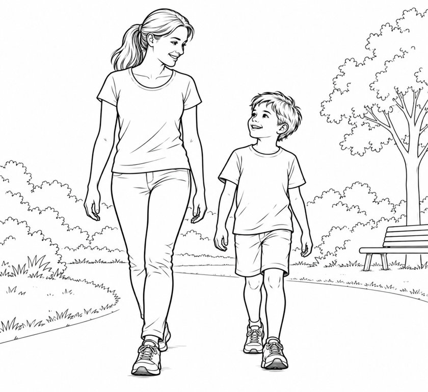 A child walking in a park beside the mother, wearing ordinary play shoes.
