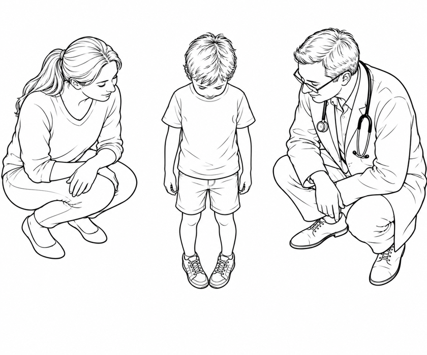 A child standing, viewed from above with the toes of the shoes pointing inwards, observed by the mother and doctor.