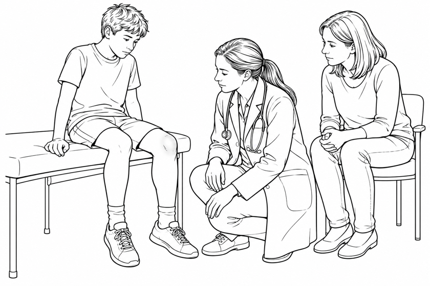 A doctor assessing a swollen, red knee in a teenager, with the mother present.