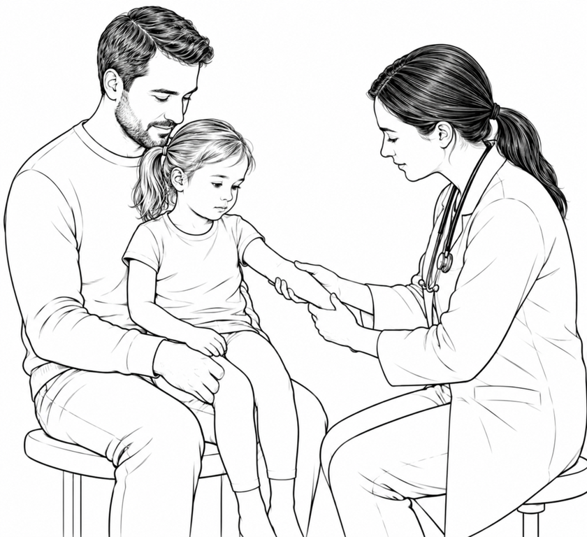 A child on the father's lap during assessment of the arm; the doctor is not performing a reduction manoeuvre.
