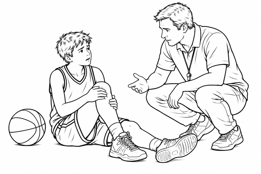 A young basketball player seated and discussing knee pain with the coach, with the ball resting beside them.