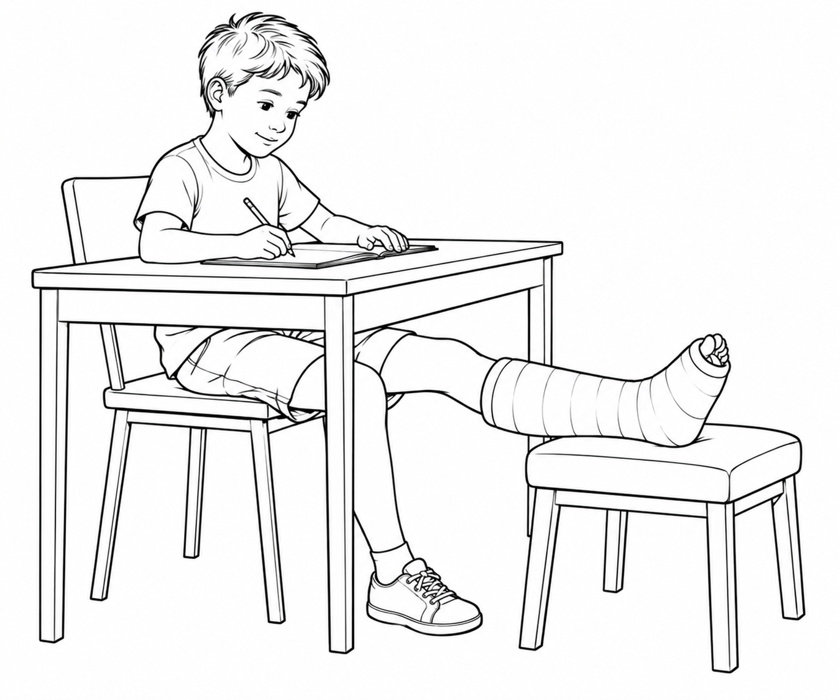 A child at a desk with the casted leg supported on a stool, without putting weight through the foot.