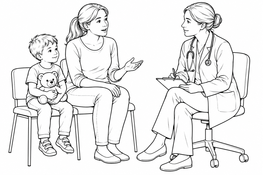 A mother discusses her observations about her child's development with the doctor; the child sits beside her with a toy.