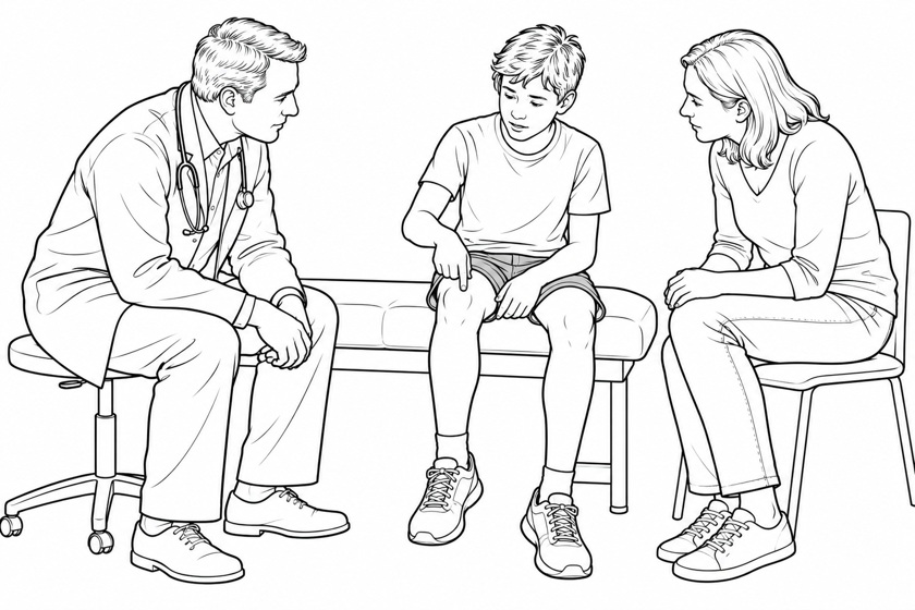 A teenager pointing to the front of the knee during a discussion with the doctor and mother.