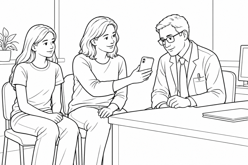 A mother showing the doctor a photograph of her child's back, with the child present at the appointment.