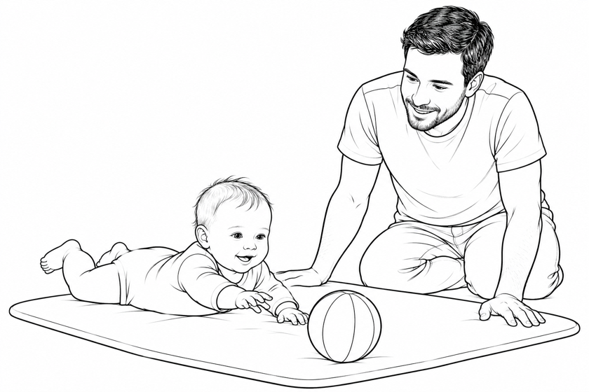 An awake infant on their tummy on a floor mat, with a ball in front and the father nearby.