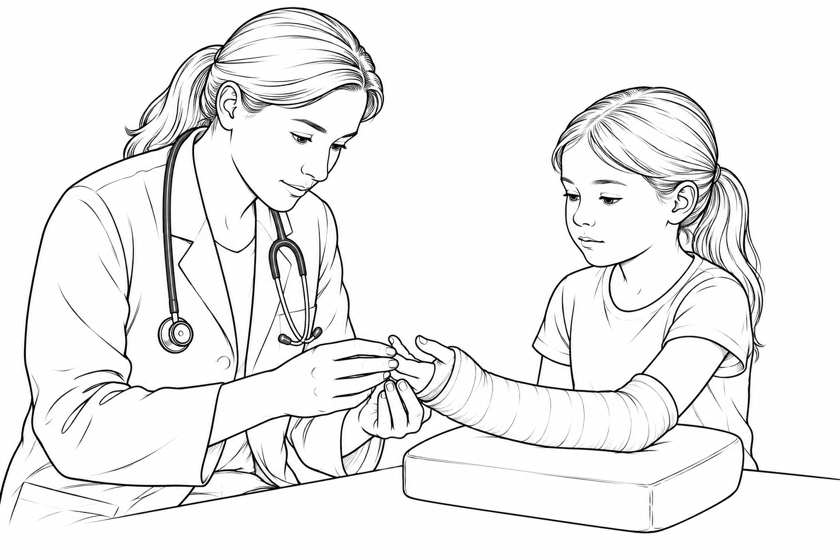 A doctor checking the exposed fingers of a child whose casted forearm is supported on a cushion.