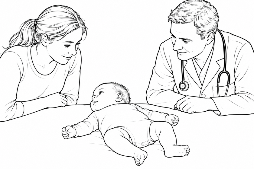 An awake infant lying on their back with their head turned to one side, observed by the mother and doctor.