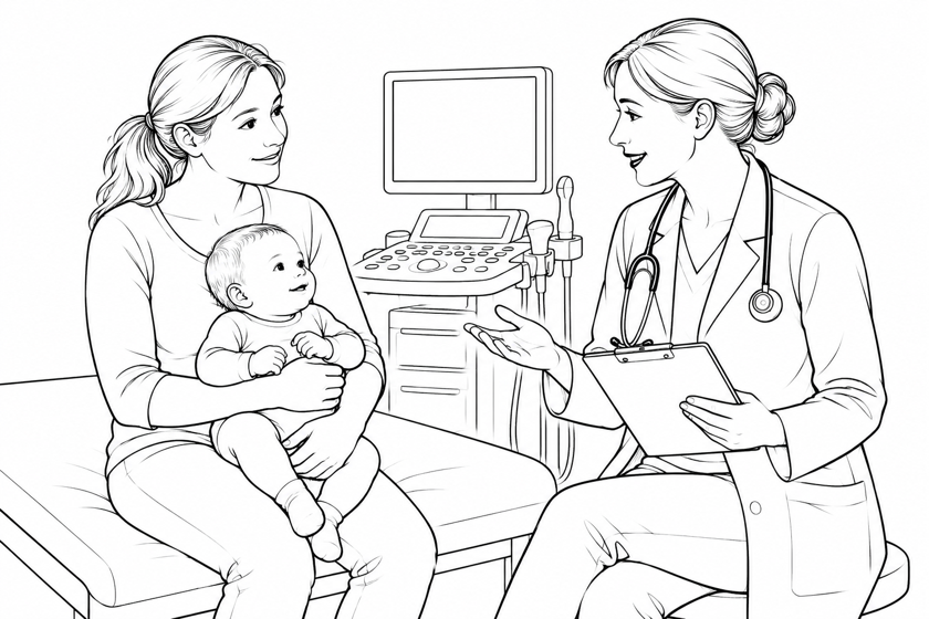 A mother holding her infant while the doctor provides a follow-up reminder; an ultrasound machine with a blank screen is in the background.