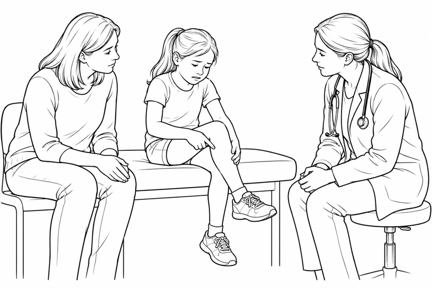 A seated girl pointing to discomfort in her leg during an appointment with the mother and doctor.