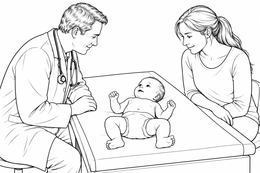 An awake infant lying on the back on an examination couch with legs free, observed by the doctor and nearby mother.