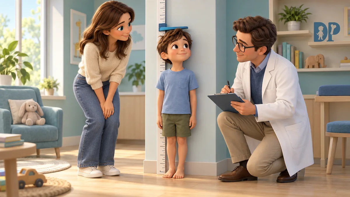 Bambino scalzo allo statimetro durante il controllo pediatrico, con la madre presente.