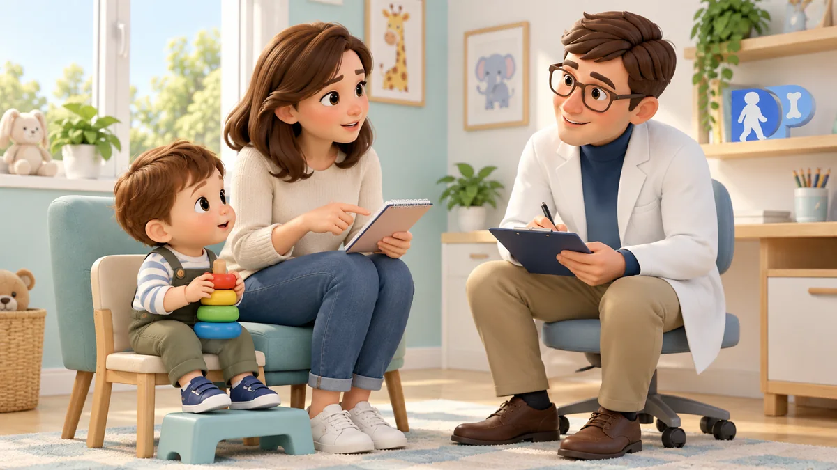 A mother discusses her observations about her child's development with the doctor; the child sits beside her with a toy.