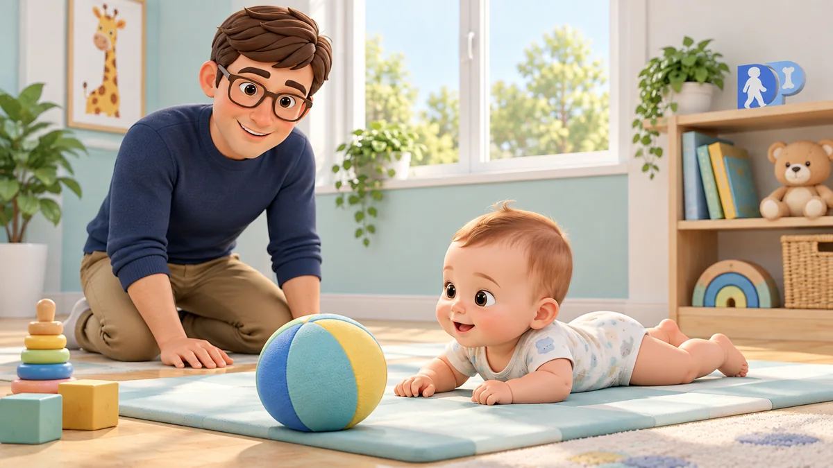 An awake infant on their tummy on a floor mat, with a ball in front and the father nearby.