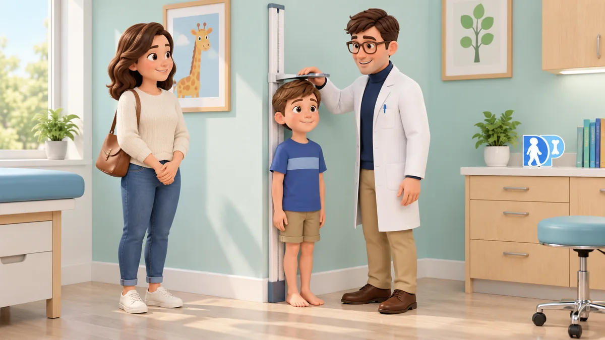 A child having their height measured at an appointment with the doctor and mother.