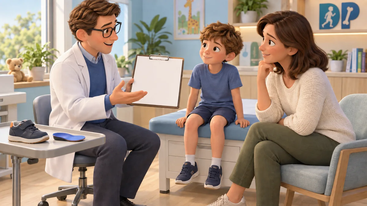 Medico che discute con bambino e madre il percorso individuale; una scarpa e un rialzo sono sul tavolino.