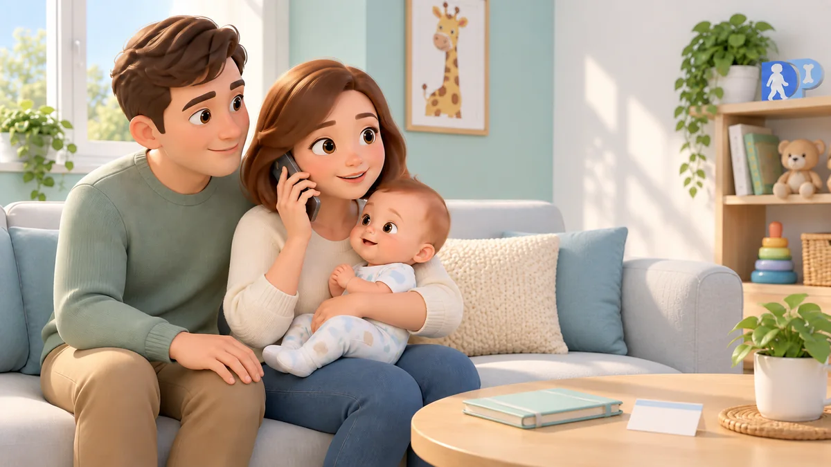 La madre telefona al team curante mentre tiene il bambino, con il padre vicino.