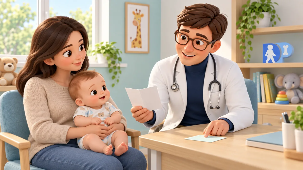 Il medico consegna le istruzioni alla madre che tiene il bambino sulle ginocchia; nessun tutore è mostrato o regolato.