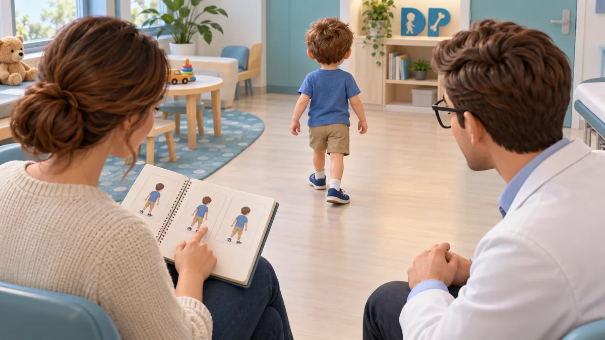 Bambino osservato mentre cammina; la madre condivide con il medico una raccolta di fotografie.