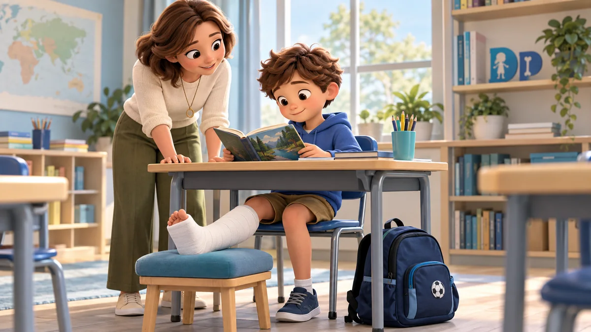 A child at a desk with the casted leg supported on a stool, without putting weight through the foot.
