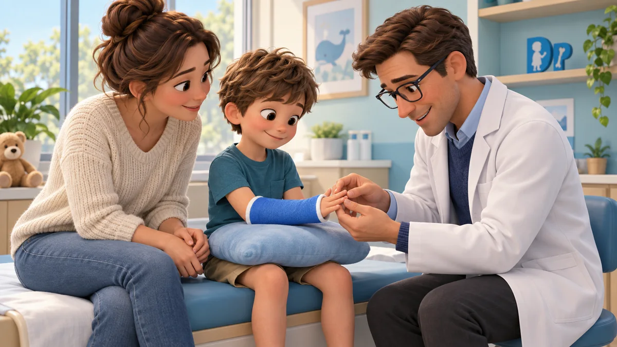 A doctor checking the exposed fingers of a child whose casted forearm is supported on a cushion.