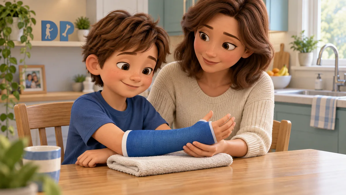 A child with a forearm cast resting on a dry towel, supported by a parent.