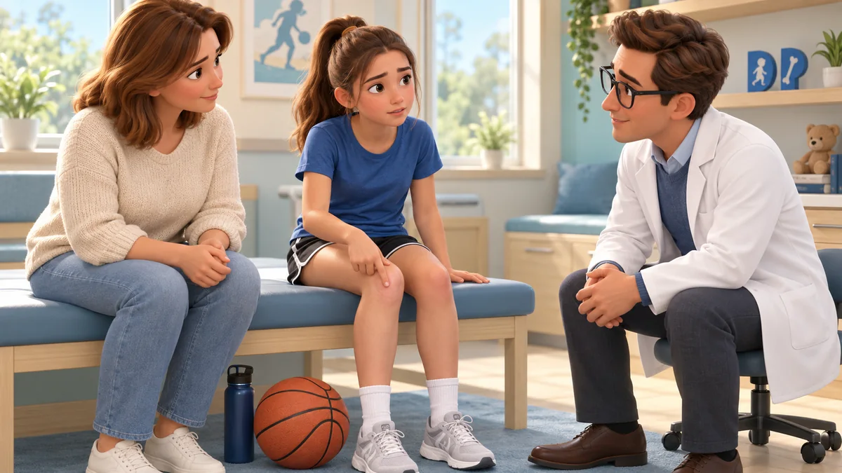 A teenager pointing to the front of the knee during a discussion with the doctor and mother.