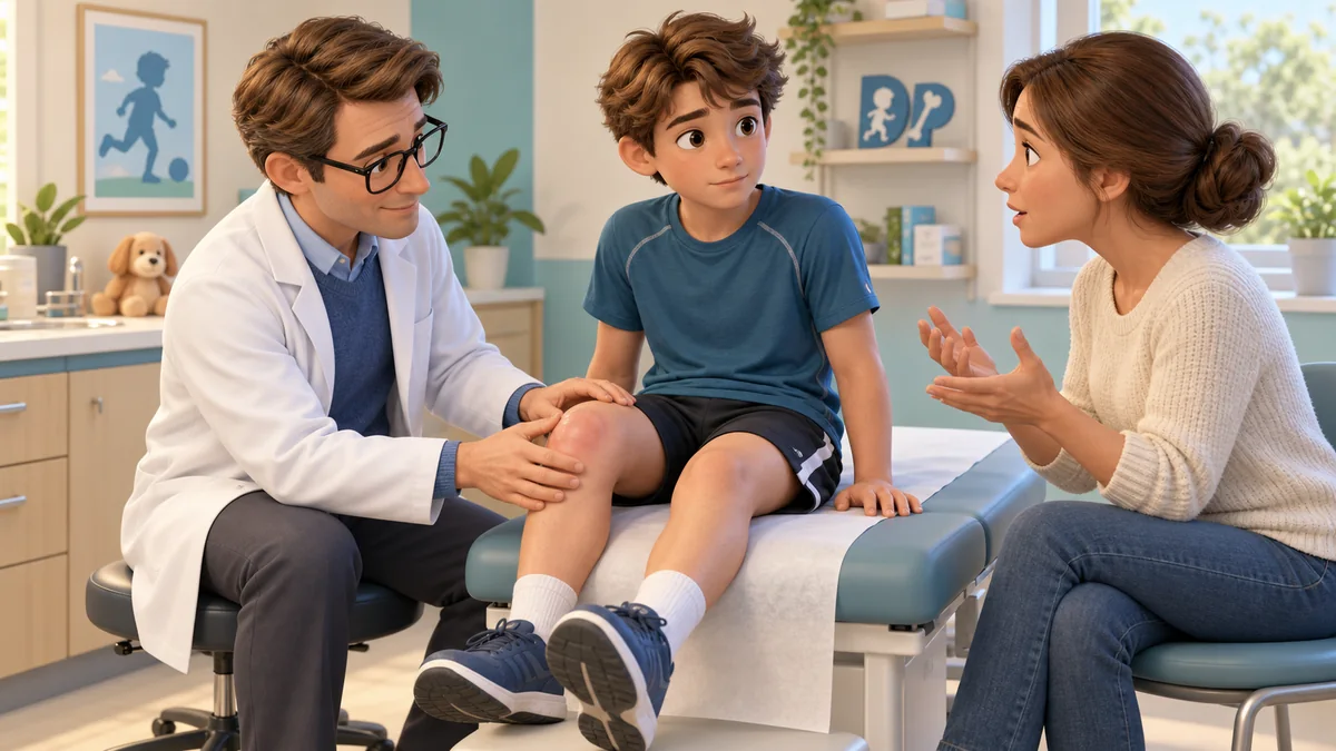 A doctor assessing a swollen, red knee in a teenager, with the mother present.