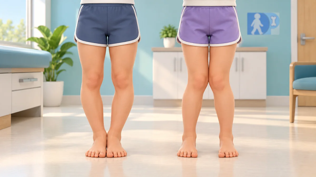 Confronto frontale: gambe vare a sinistra, con ginocchia distanti, e gambe valghe a destra, con ginocchia vicine.