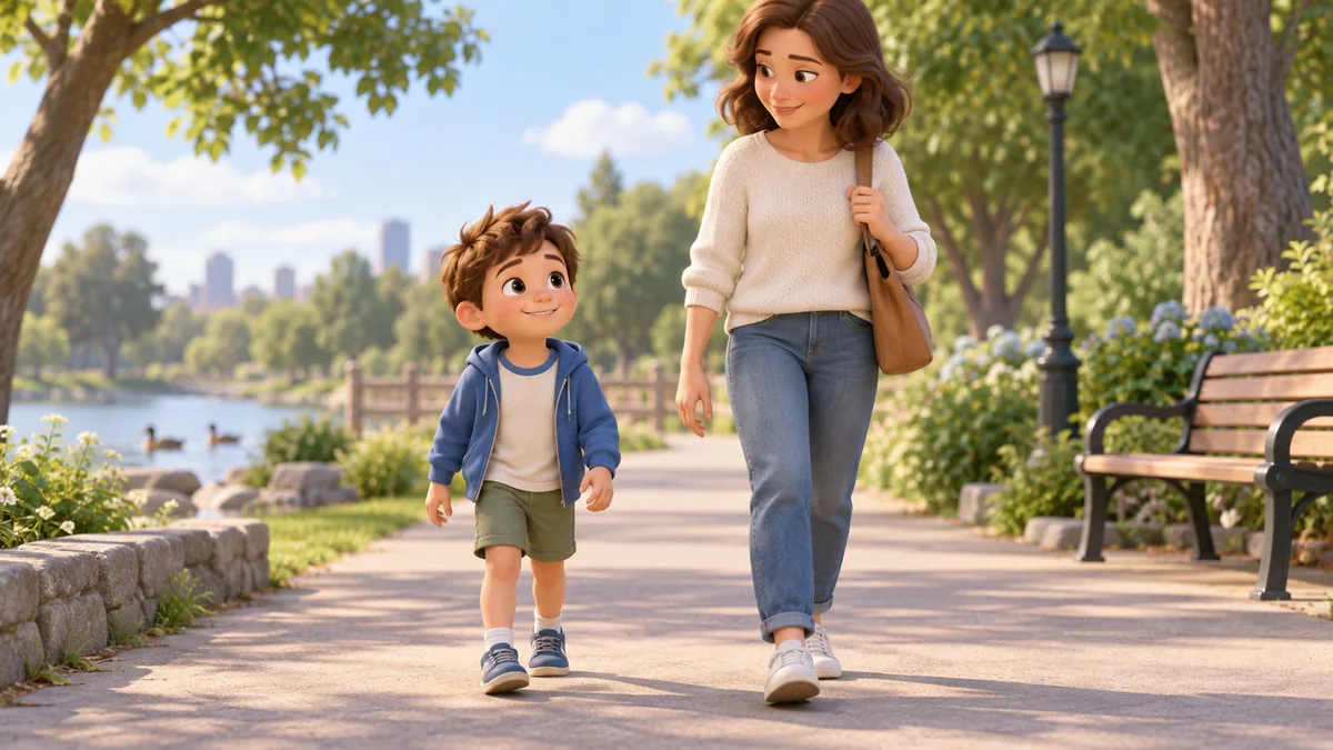 A child walking in a park beside the mother, wearing ordinary play shoes.
