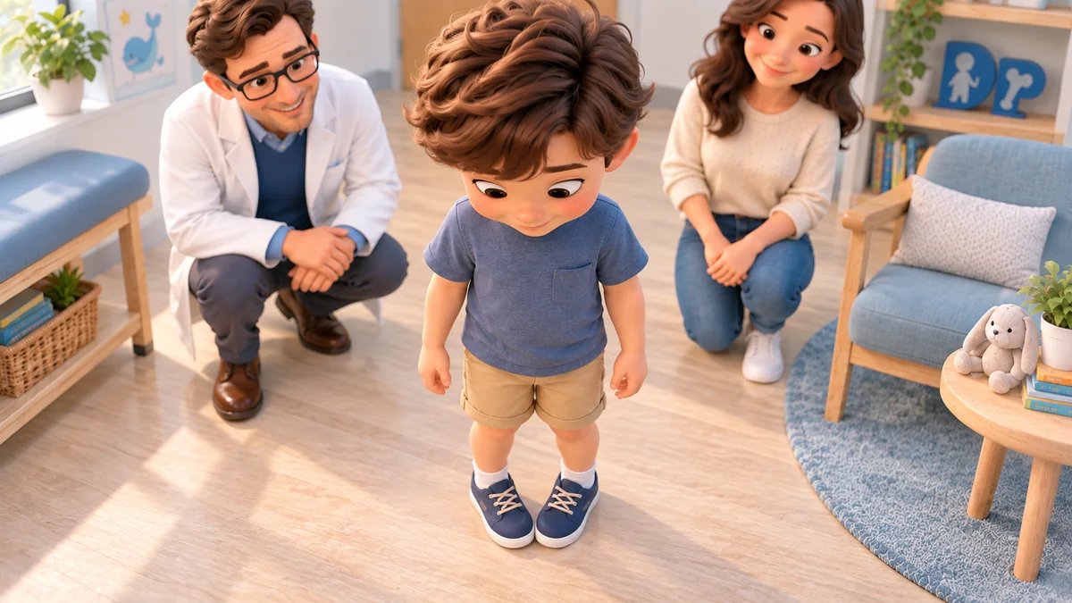 A child standing, viewed from above with the toes of the shoes pointing inwards, observed by the mother and doctor.