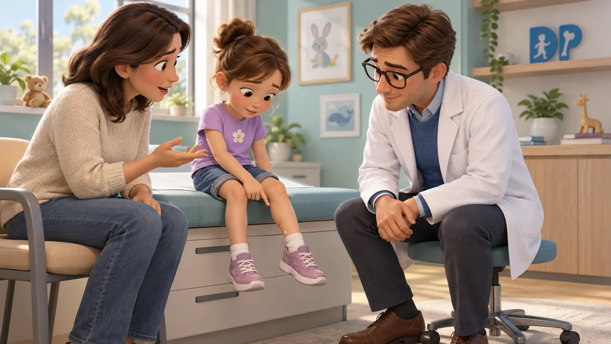 A seated girl pointing to discomfort in her leg during an appointment with the mother and doctor.