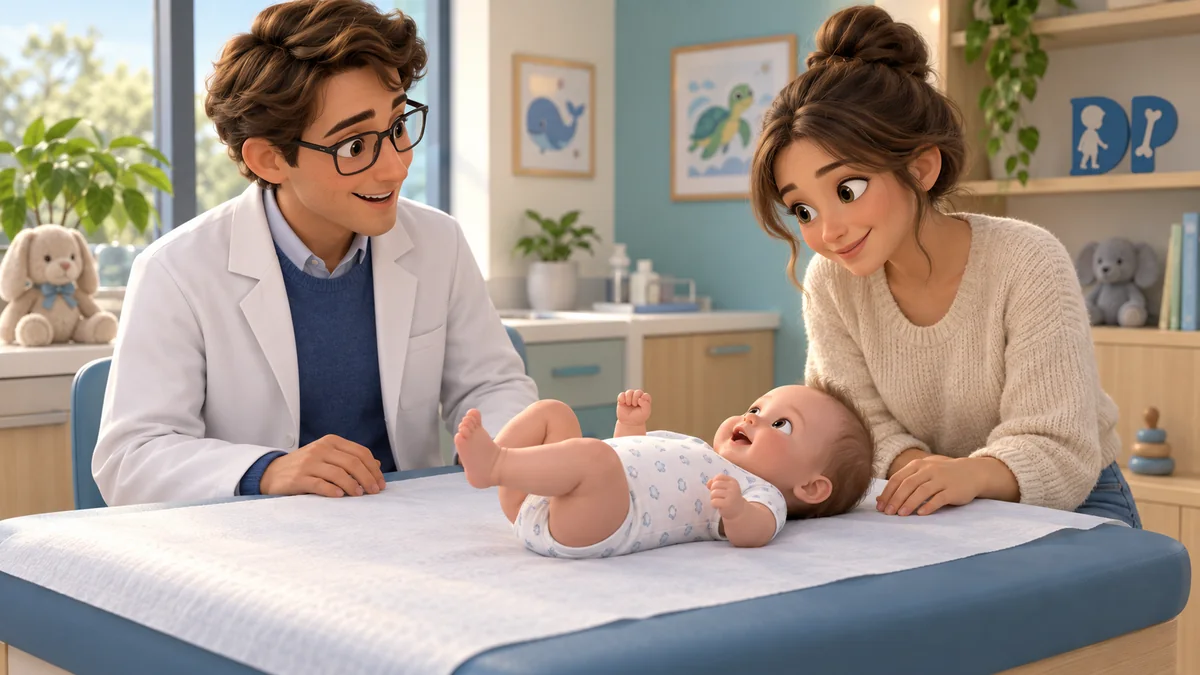 An awake infant lying on the back on an examination couch with legs free, observed by the doctor and nearby mother.