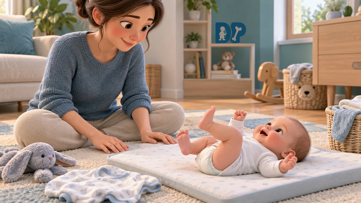 An awake infant lying on the back on a floor mat while the mother observes spontaneous leg movements.