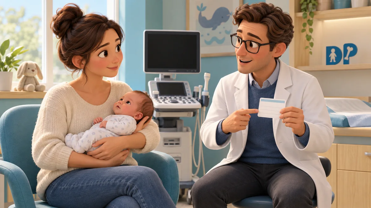A mother holding her infant while the doctor provides a follow-up reminder; an ultrasound machine with a blank screen is in the background.