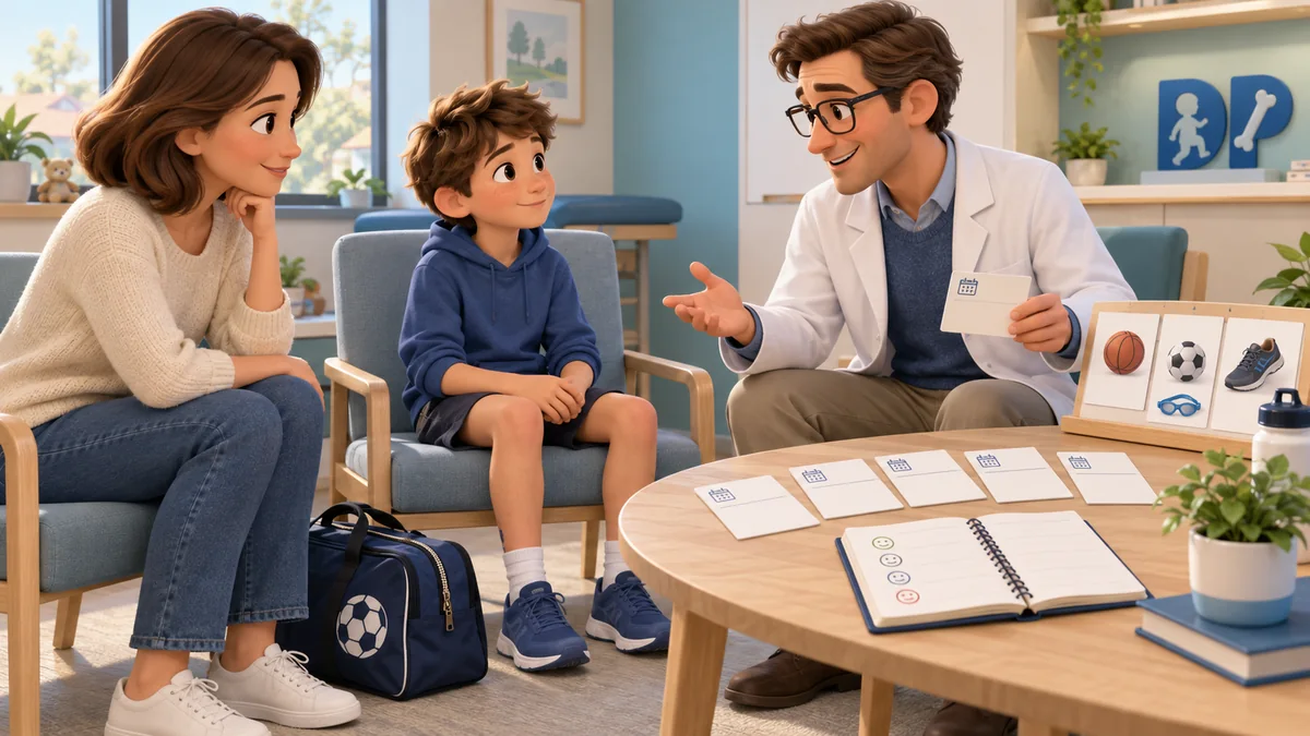 Medico che discute controlli e attività con bambino e genitore, usando un promemoria degli appuntamenti.