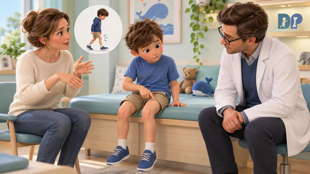 Bambino seduto che indica coscia e ginocchio mentre la madre descrive la zoppia al medico.