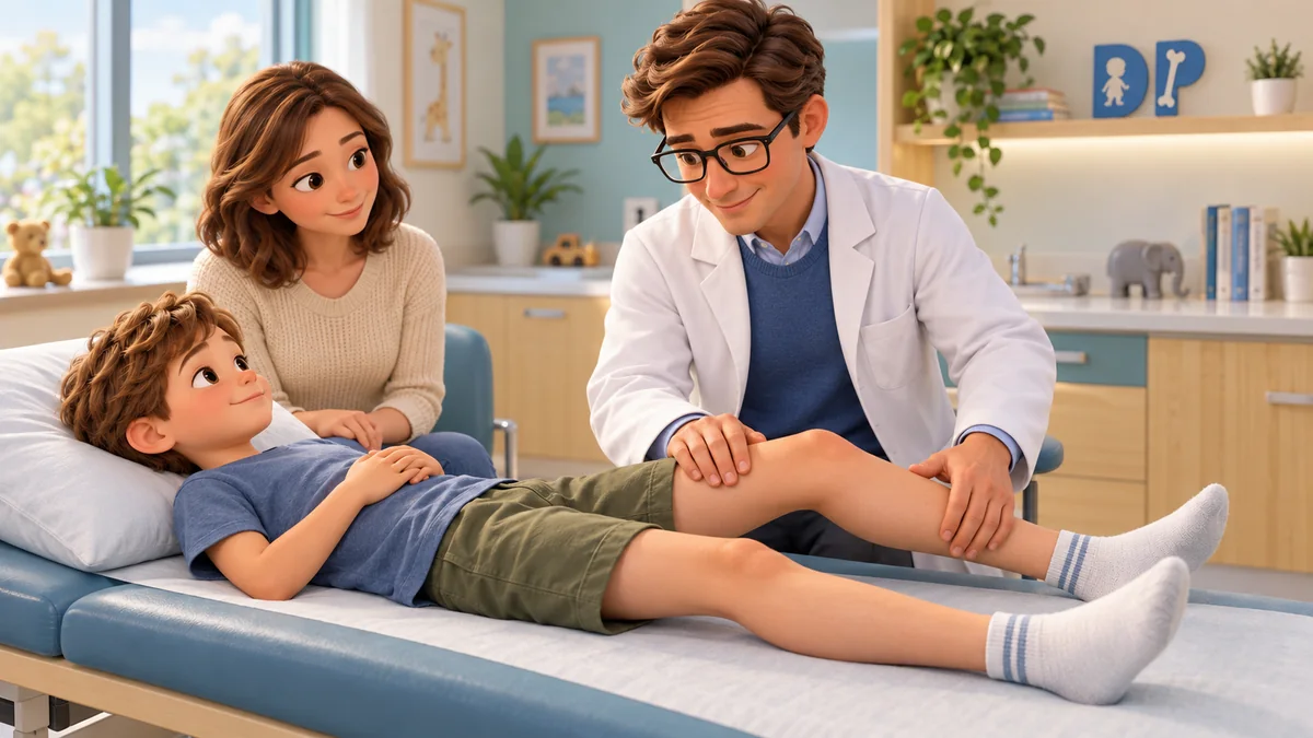 Bambino sul lettino con una gamba delicatamente sostenuta dal medico durante la valutazione dell'anca.