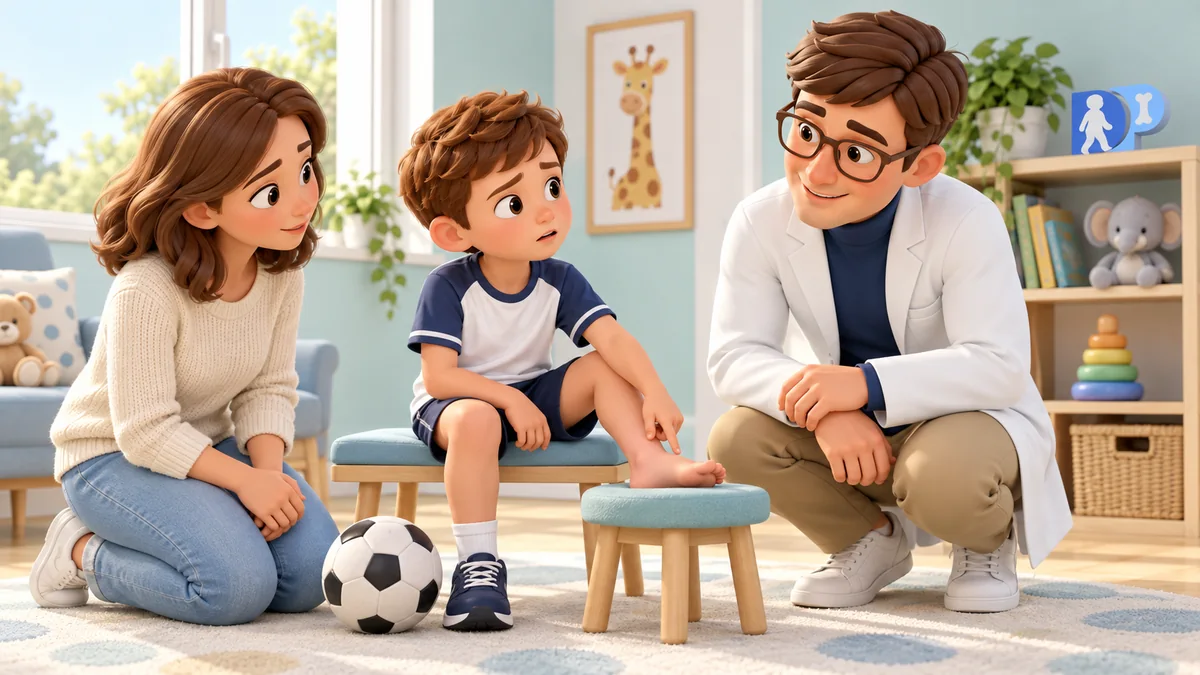 Un bambino interrompe il gioco e indica il piede dolorante, appoggiato su uno sgabello.