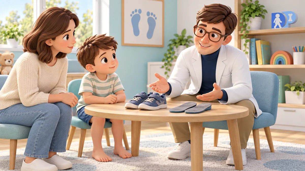 Medico, genitore e bambino discutono le opzioni di cura; scarpe e plantari sono sul tavolo come possibilità da valutare.