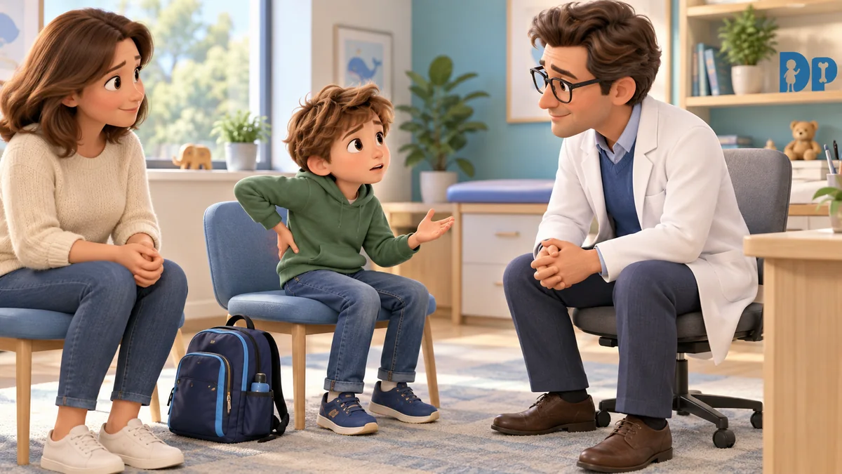 Bambino seduto che indica un fastidio lombare durante il colloquio con madre e medico; zaino accanto.