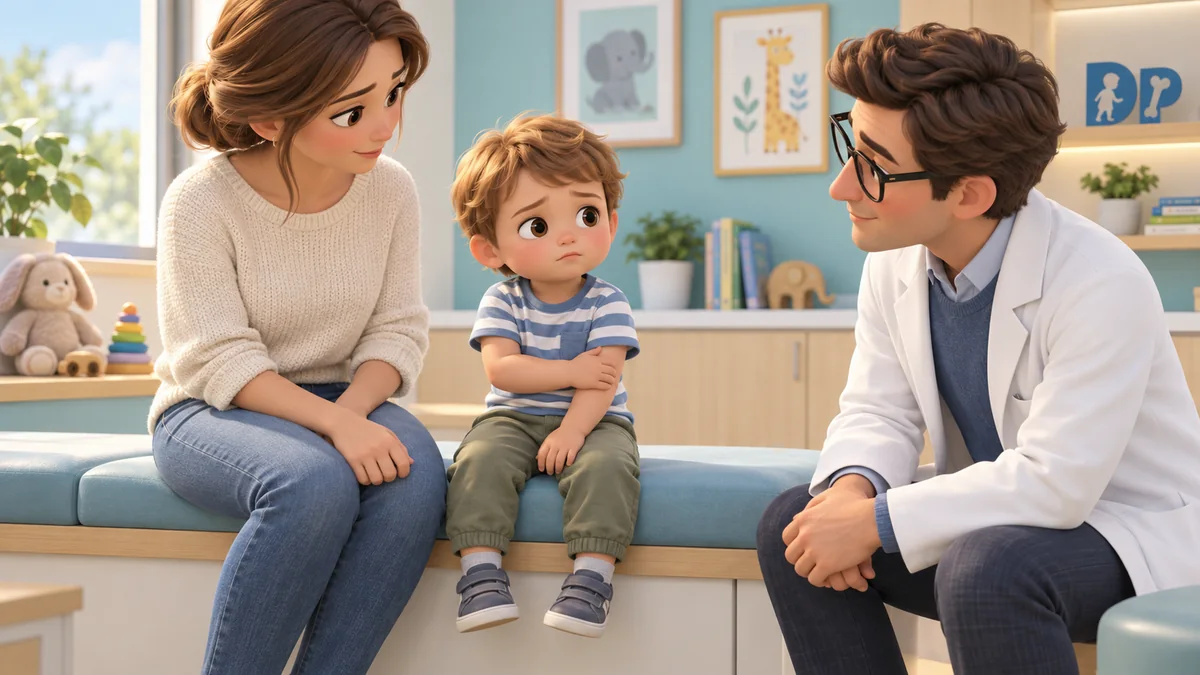 A toddler keeping an unused arm close to the body, observed by the mother and doctor.